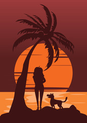 women and dog silhouette in sunset vector illustration 