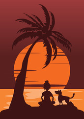 women and dog silhouette in sunset vector illustration 
