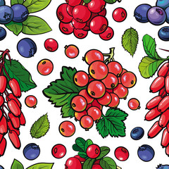 Summer berries seamless pattern with fresh ripe fruits and green leaves in sketch style on white background - hand drawn natural backdrop with organic sweet food in vector illustration.