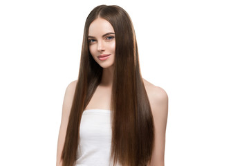 Naklejka premium Healthy hair long smooth brunette hairstyle woman beauty