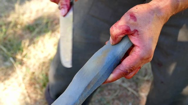 knife sharpening, sharpening a butcher's knife,