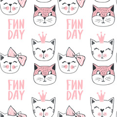 Fashion cat seamless pattern. Cute kitten background
