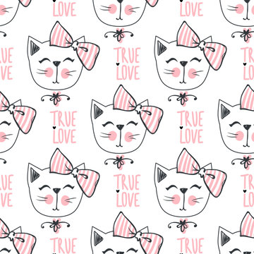Fashion cat seamless pattern. Cute kitten background