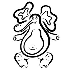 A cheerful elephant with big ears is engaged in gymnastics or dances