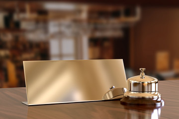 Silver reception bell and check in desk sign, 3d illustration