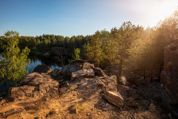 Beautiful forest mountain road near the blue lake