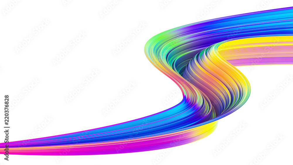 Poster 3D abstract background with bright holographic twisted shape in motion