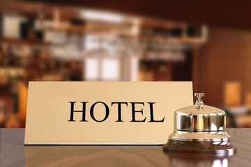 Silver reception bell and check in desk sign, 3d illustration