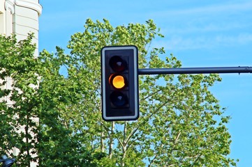 Semáforo en naranja con cielo y árbol de fondo.