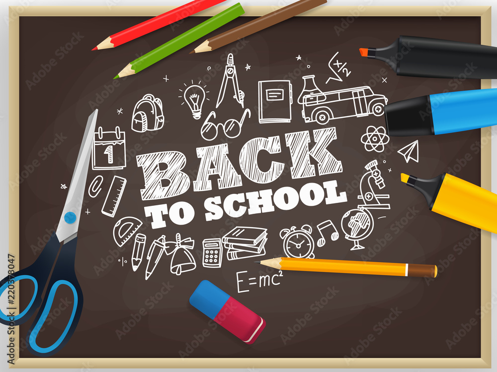 Poster back to school vector concept with chalk doodle elements
