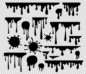 Ink blots and drips vector set isolated on transparent background - obrazy, fototapety, plakaty