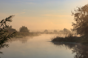 Fototapeta premium Orange dawn on the river in sunny summer morning. River landscape