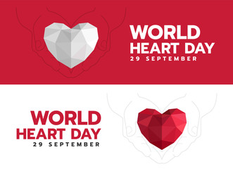 World heart day banner with red and white tone low poly heart on line hand holding vector design