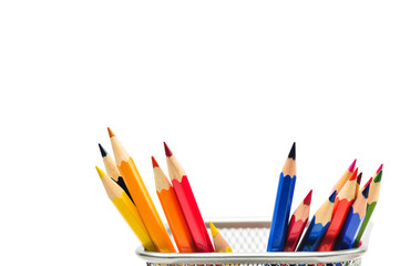 Colored pencils in pencil case isolated on white background.
