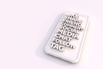 Smartphone with social media keywords. 3D rendering