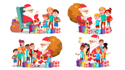 Santa Claus With Children Set Vector. Cheerful Children. December Eve Celebrating. Merry Christmas And Happy New Year. Poster, Advertising Template. Isolated Cartoon Illustration
