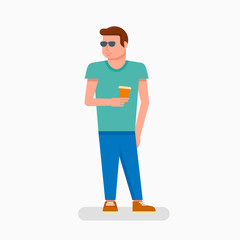Young man with cup of coffee isolated on white background. Flat style vector illustration.