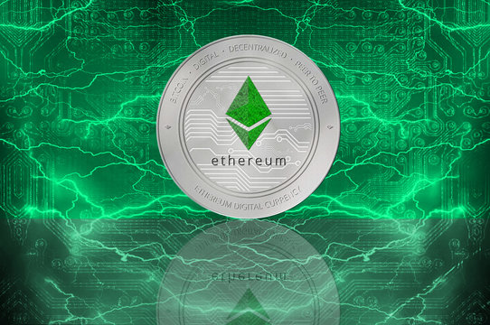 Ethereum (ETH) digital crypto currency. Silver coin of ether on the background of lightning. Cyber money.