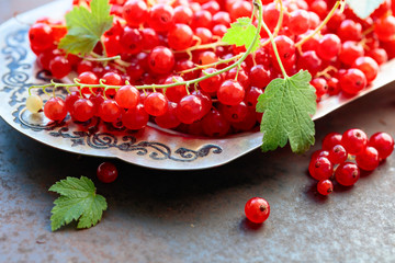 Redcurrants on a metal dish with.