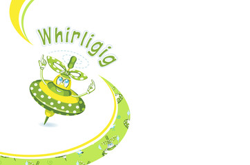 Business card template design with funny Whirligig. Ideal for school circles, creative children's dance centre, kindergarten. 
