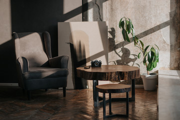 Tree. Wood carving. Wooden products. Interior. Beautiful decor. Style. Table. Elements of the...