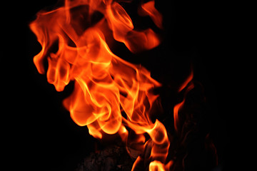 Flames erupted on black background, Incendiary fire in the immense darkness
