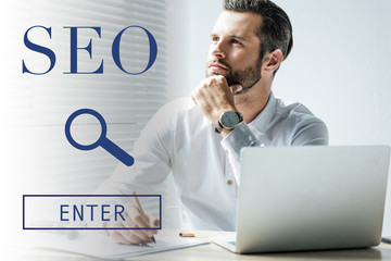 pensive developer doing paperwork in office with laptop, with SEO search