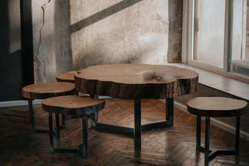 Tree. Wood carving. Wooden products. Interior. Beautiful decor. Style. Table. Elements of the interior. Loft style