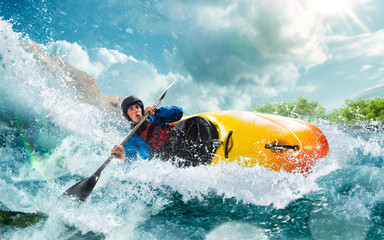 Whitewater kayaking, extreme kayaking - obrazy, fototapety, plakaty