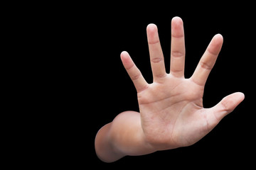 Isolated human hand showing stop gesture on black background,Stop violence and abuse ,sexual abuse, human trafficking,domestic violence rape concept