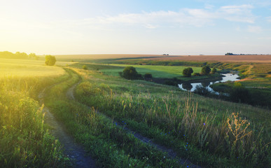 Sunny summer landscape with ground country road passing through the wheat fields and green meadows.Bright light of the rising sun illuminates the plains and pastures with lush grass.River Upa,Russia.