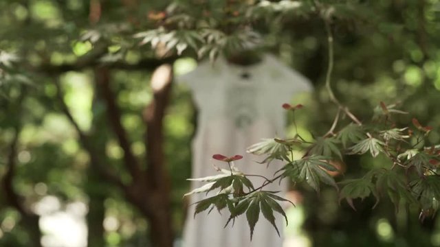 Vintage wedding dress hanging in the forest.
