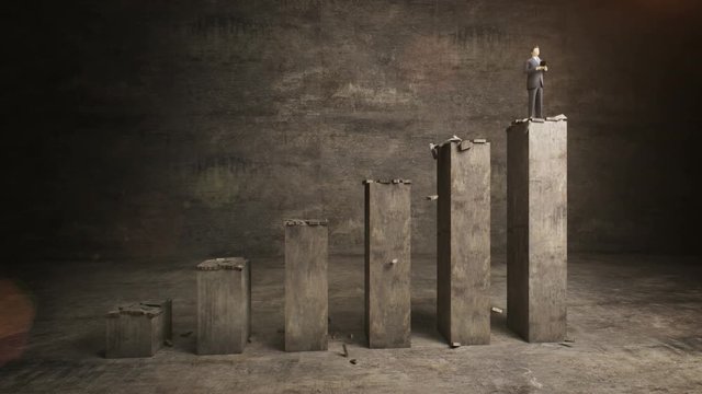 Businessman on increase concrete bar graph, rising market. 4k animation.