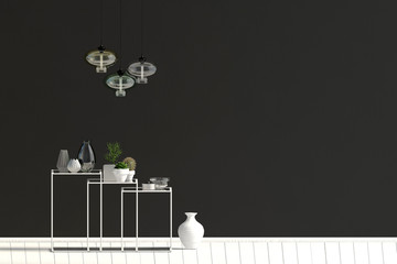Modern interior with racking, decor and lamps. Wall mock up. 3D illustration