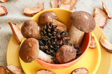 Thanksgiving and fall composition with mushrooms in yellow plate.