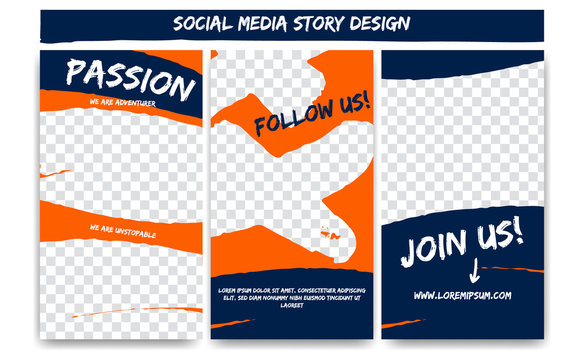 Editable social media IG  Instagram story extreme action adventure in orange blue color. Streaming post social media template frame with brush stroke shape