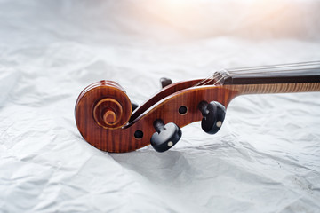 Fototapeta na wymiar Violin scroll,pegbox and neck on background,blurry light design background