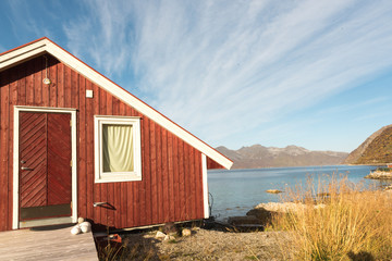 Wooden Beach Hut in Tromso Fjord, Norway