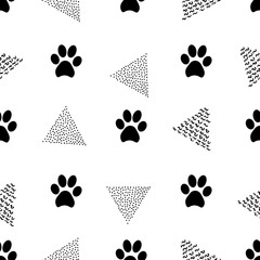 Seamless patterns with animal footprints and triangles.