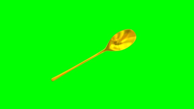 Animated rotating around y axis simple shining gold table spoon against green background. Full 360 degree spin, loop able and isolated.