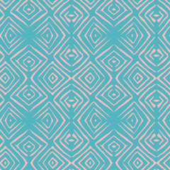 Linocut rhombus turquoise vector seamless pattern