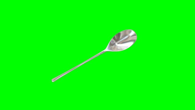 Animated rotating around y axis simple shining silver table spoon against green background. Full 360 degree spin, loop able and isolated.