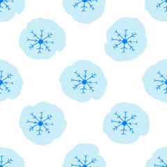 Seamless pattern with blue snowflakes and spots.