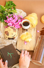 Flat lay composition with cup of coffee,croissants and hands.
