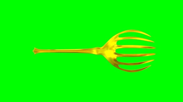 Animated rotating around z axis simple shining gold serving fork against green background. Full 360 degree spin, loop able and isolated.