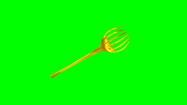 Animated rotating around y axis simple shining gold serving fork against green background. Full 360 degree spin, loop able and isolated.