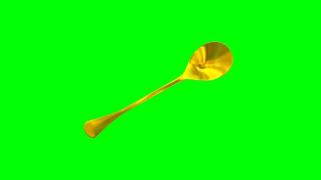 Animated rotating around y axis simple shining gold sugar spoon against green background. Full 360 degree spin, loop able and isolated.