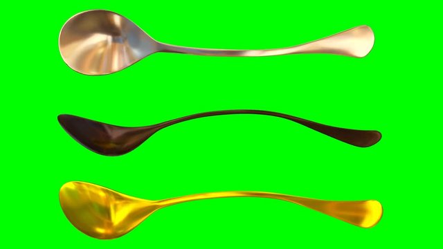Animated rotating around x axis simple shining gold, silver and bronze sugar spoons against green background 2. Full 360 degree spin, loop able and isolated.