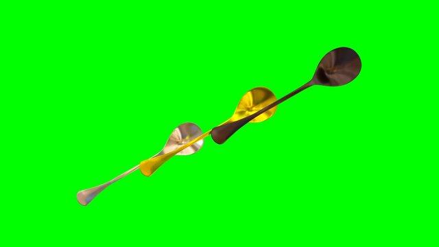 Animated rotating around y axis simple shining gold, silver and bronze sugar spoons against green background. Full 360 degree spin, loop able and isolated.