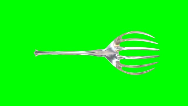 Animated rotating around z axis simple shining silver serving fork against green background. Full 360 degree spin, loop able and isolated.